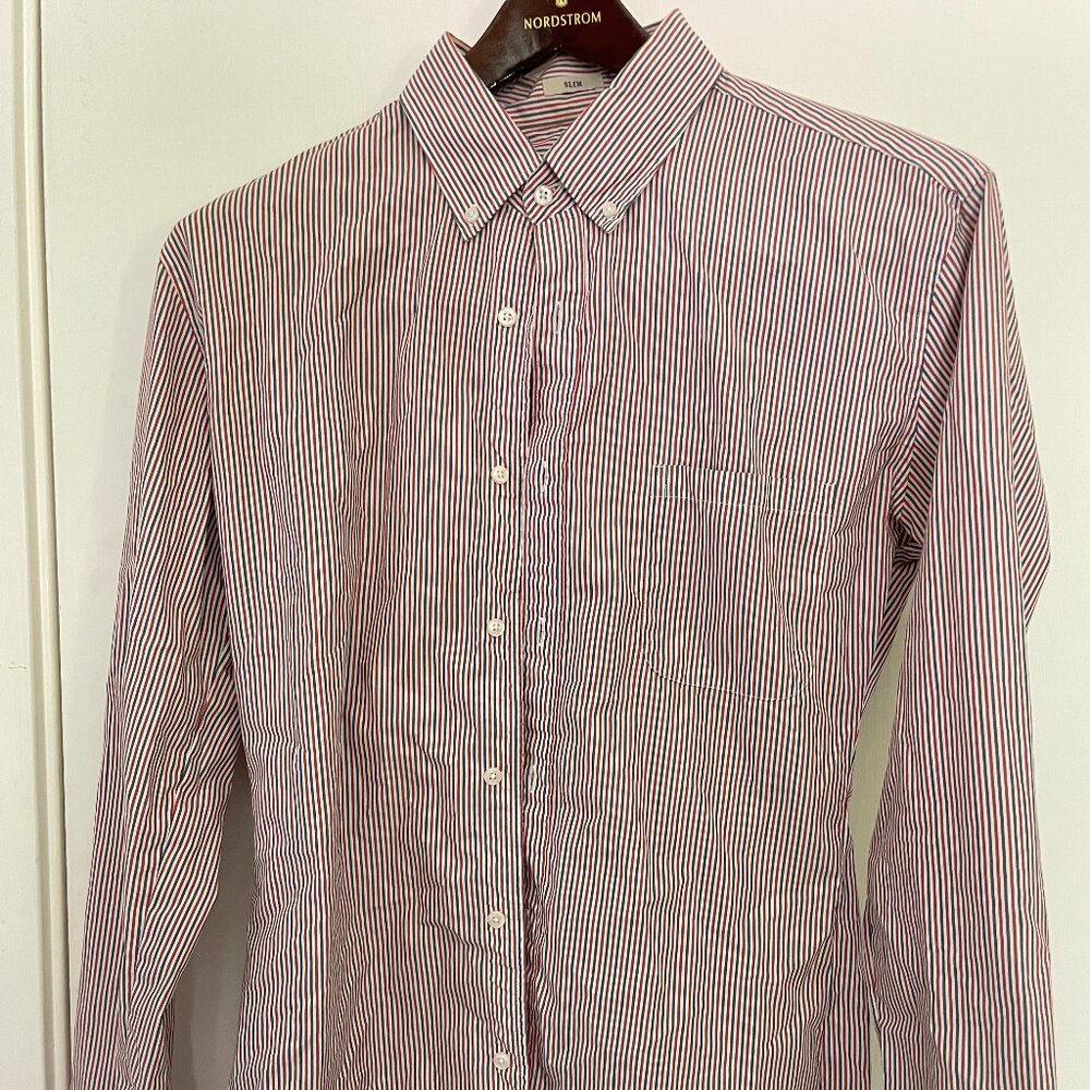 J. Crew Slim Fit Button-Up Shirt - Red/White/Blue Stripes - Size Medium